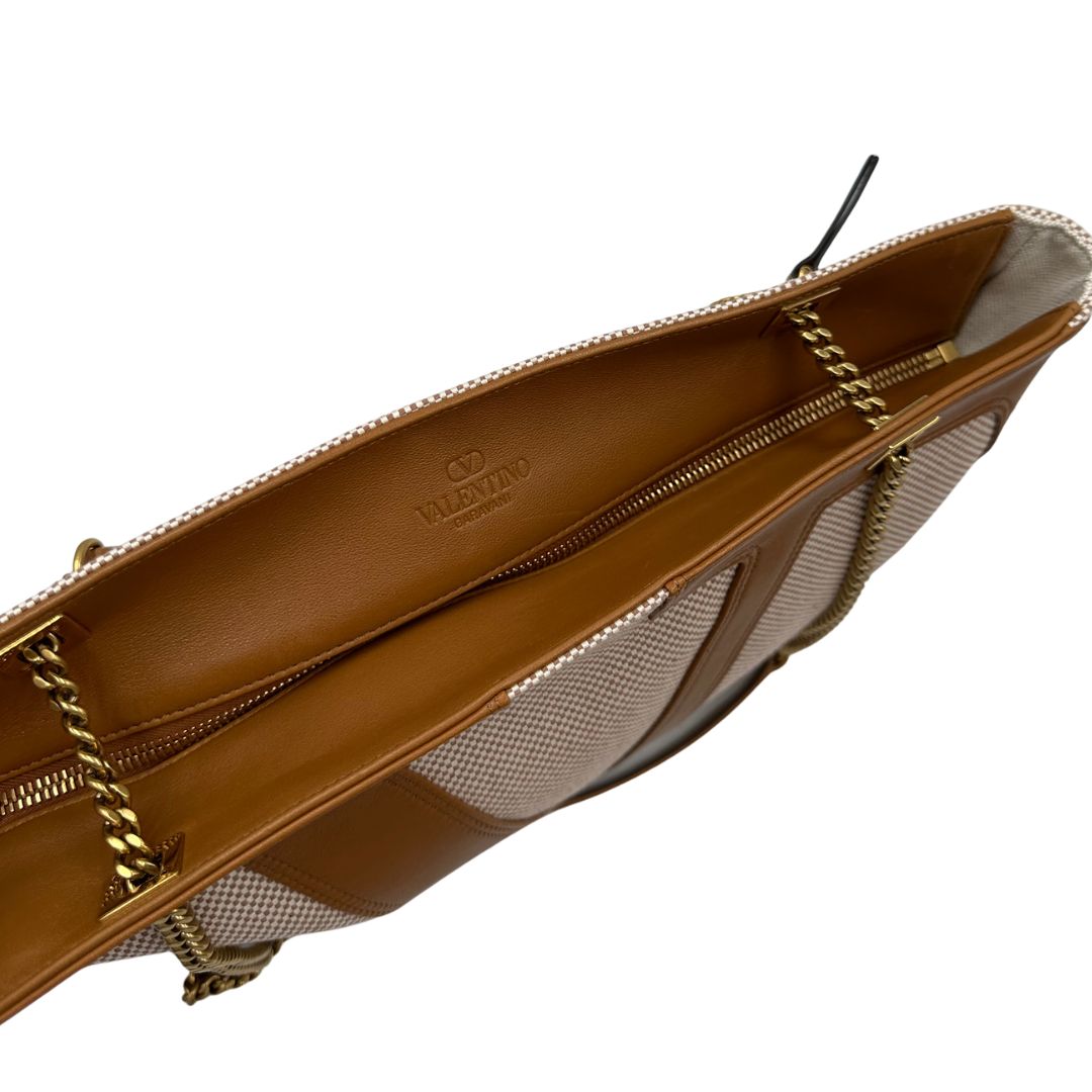 Borsa V. G. in tessuto beige e finiture in pelle marrone, indossabile a spalla e a tracolla, di lusso, originale, eccellenti condizioni