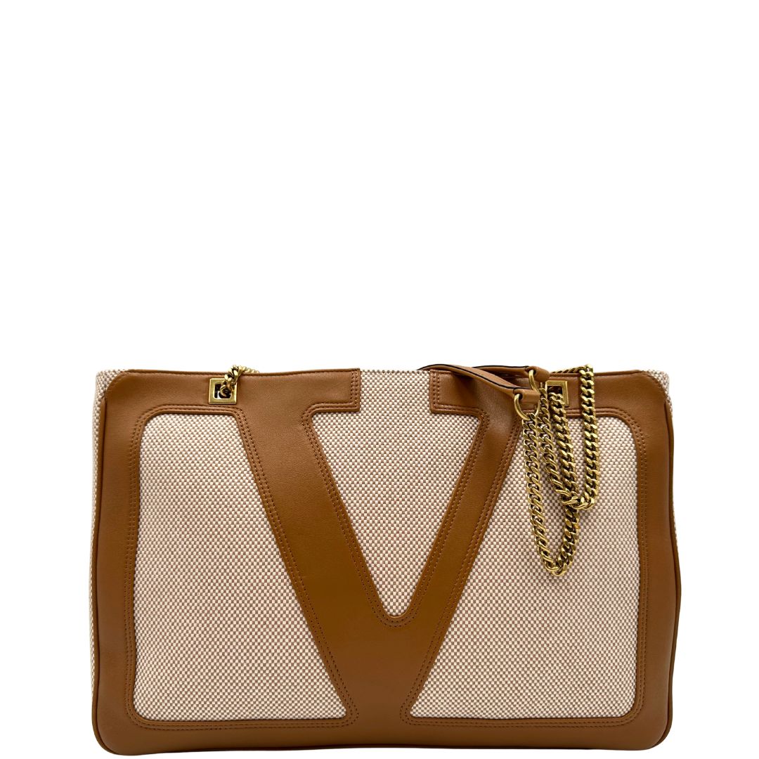front Borsa V. G. in tessuto beige e finiture in pelle marrone, indossabile a spalla e a tracolla, di lusso, originale, eccellenti condizioni