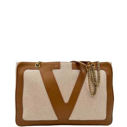 front Borsa V. G. in tessuto beige e finiture in pelle marrone, indossabile a spalla e a tracolla, di lusso, originale, eccellenti condizioni