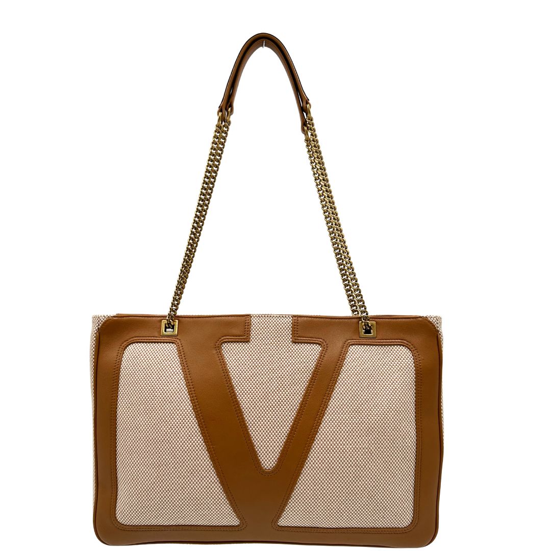 front Borsa V. G. in tessuto beige e finiture in pelle marrone, indossabile a spalla e a tracolla, di lusso, originale, eccellenti condizioni