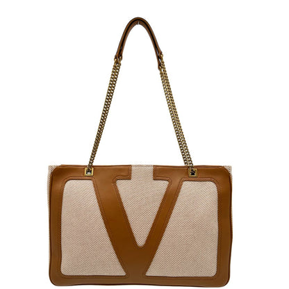 front Borsa V. G. in tessuto beige e finiture in pelle marrone, indossabile a spalla e a tracolla, di lusso, originale, eccellenti condizioni