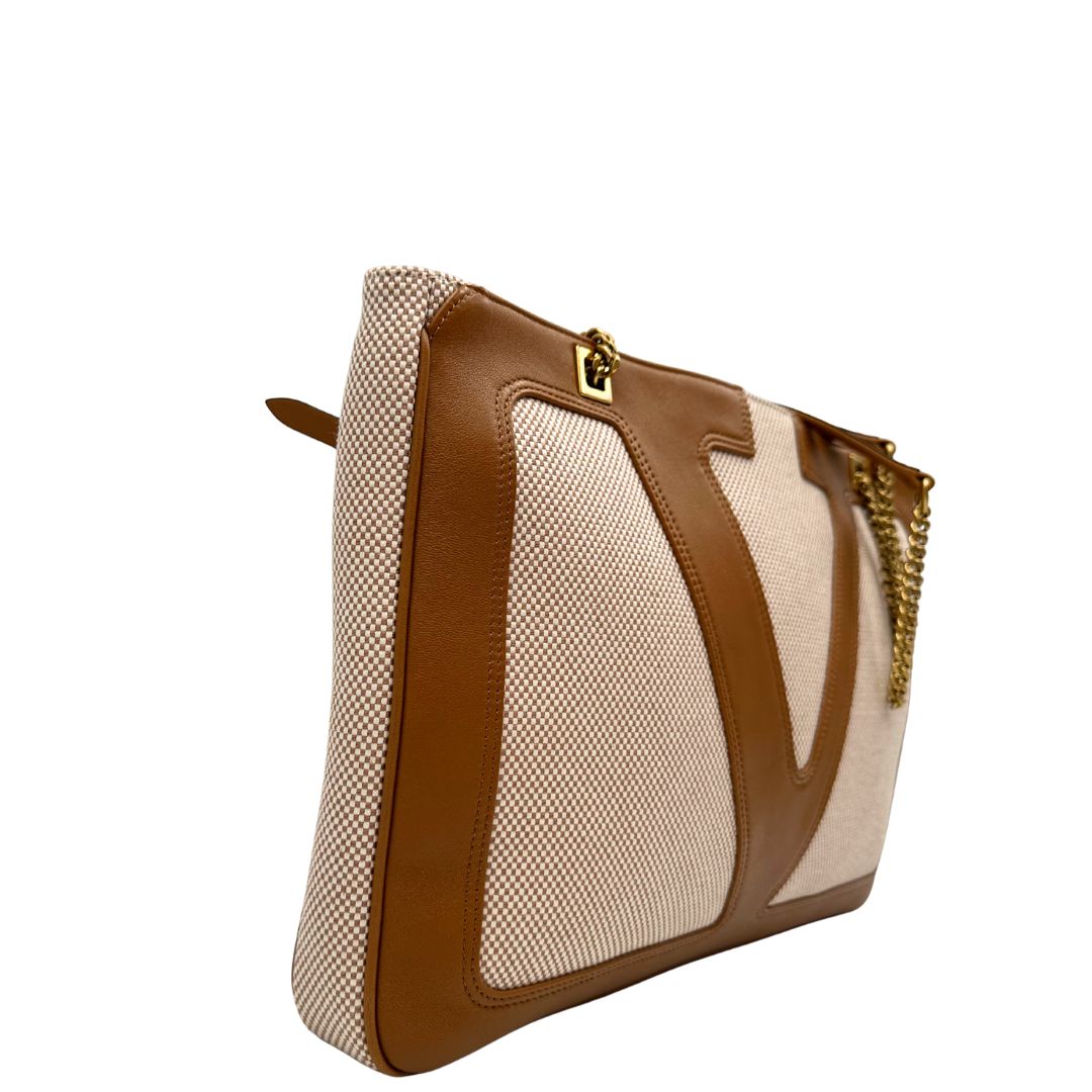 Borsa V. G. in tessuto beige e finiture in pelle marrone, indossabile a spalla e a tracolla, di lusso, originale, eccellenti condizioni