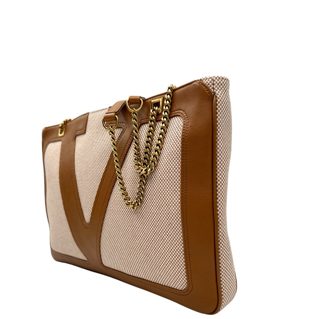 Borsa V. G. in tessuto beige e finiture in pelle marrone, indossabile a spalla e a tracolla, di lusso, originale, eccellenti condizioni