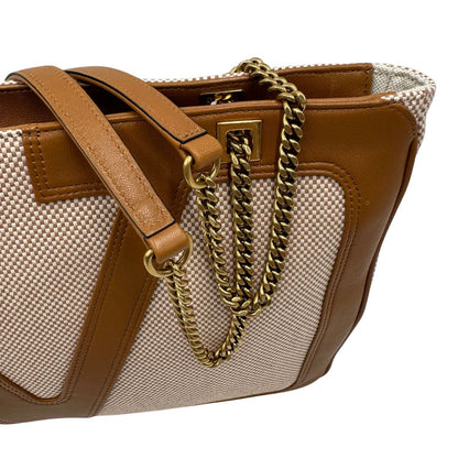 Borsa V. G. in tessuto beige e finiture in pelle marrone, indossabile a spalla e a tracolla, di lusso, originale, eccellenti condizioni