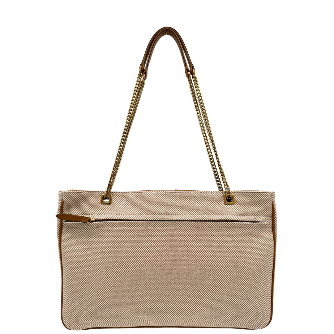 Borsa V. G. in tessuto beige e finiture in pelle marrone, indossabile a spalla e a tracolla, di lusso, originale, eccellenti condizioni