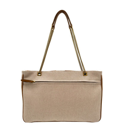 Borsa V. G. in tessuto beige e finiture in pelle marrone, indossabile a spalla e a tracolla, di lusso, originale, eccellenti condizioni