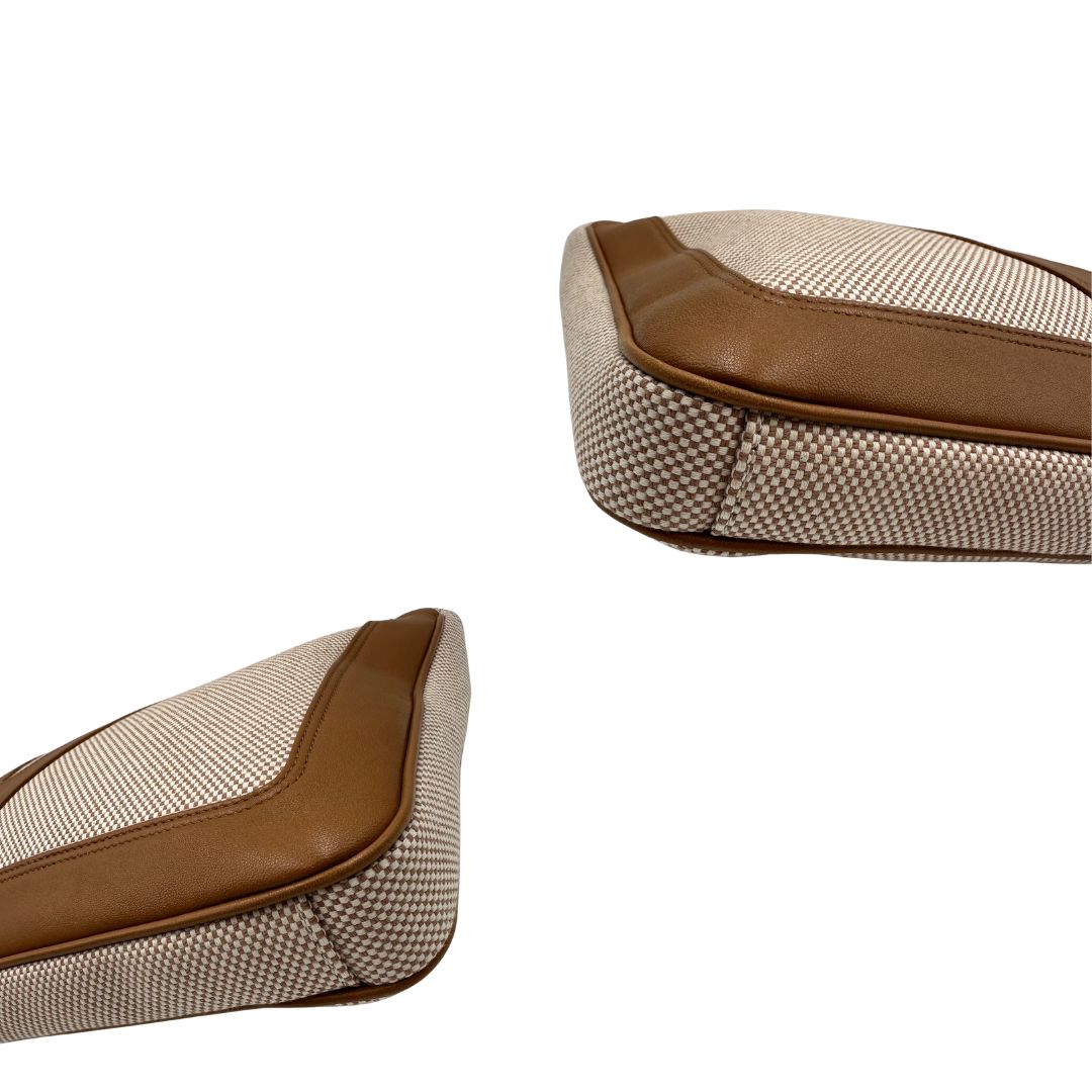 Borsa V. G. in tessuto beige e finiture in pelle marrone, indossabile a spalla e a tracolla, di lusso, originale, eccellenti condizioni