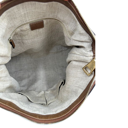 Interno, Borsa Gucci GG in tessuto e pelle marrone; munita di un manico singolo, indossabile a spalla. Originale, usata, di lusso, in buone condizioni.