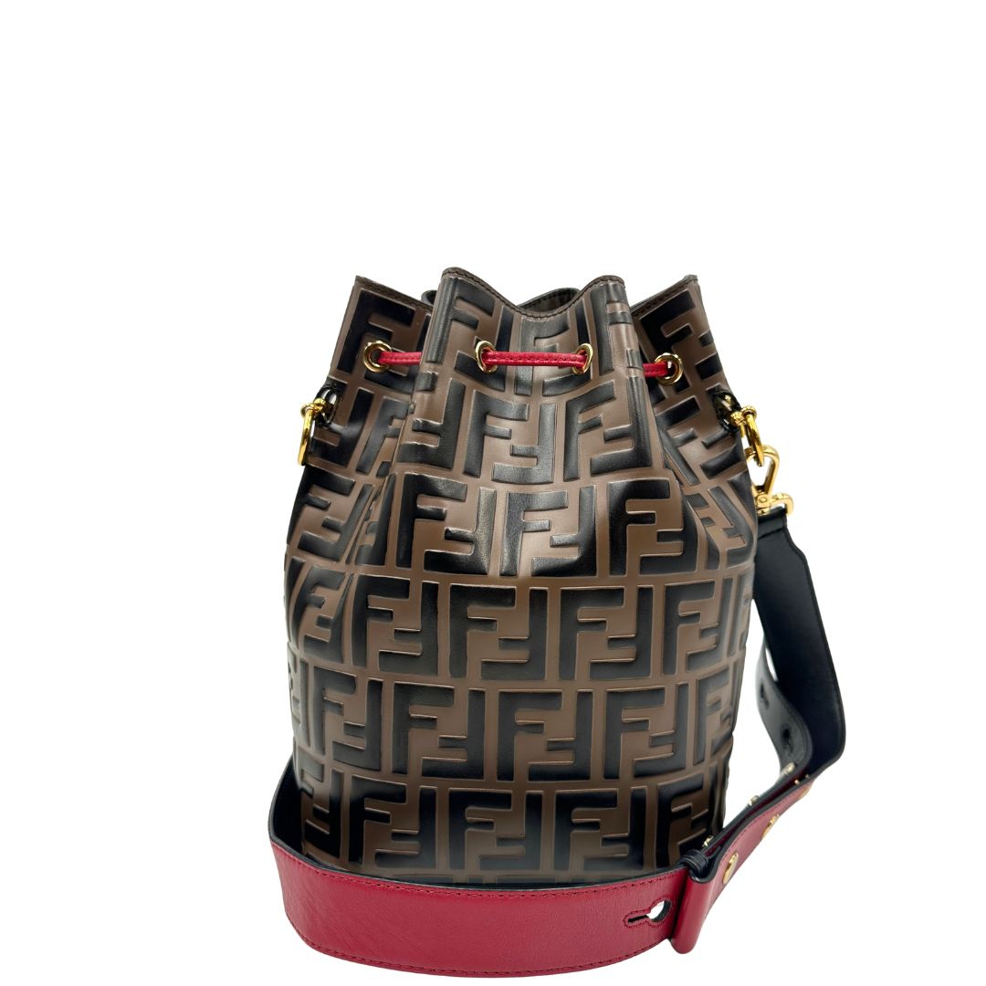 retro Bucket Bag Fendi in pelle trama Zucca con finiture rosse, di lusso, originale, ottime condizioni 