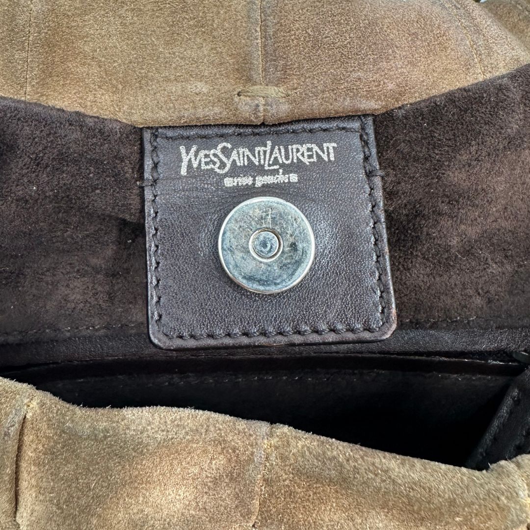 Borsa Saint Laurent modello Mombasa in pelle scamosciata color cammello, di lusso, originale, buone condizioni