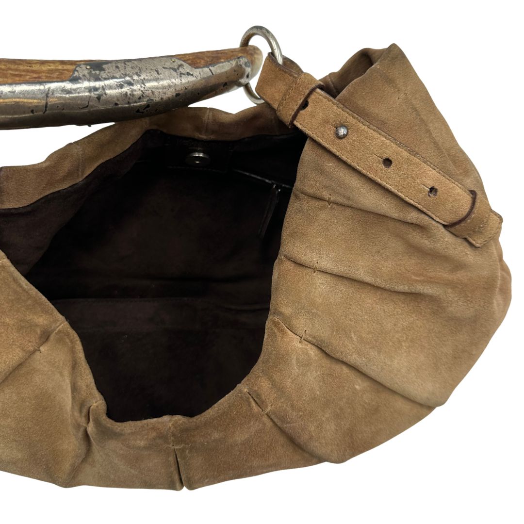 Borsa Saint Laurent modello Mombasa in pelle scamosciata color cammello, di lusso, originale, buone condizioni