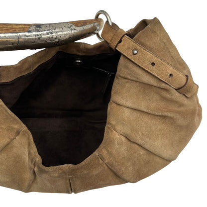Borsa Saint Laurent modello Mombasa in pelle scamosciata color cammello, di lusso, originale, buone condizioni