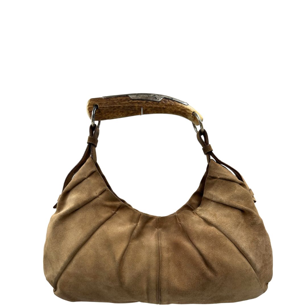 front Borsa Saint Laurent modello Mombasa in pelle scamosciata color cammello, di lusso, originale, buone condizioni 