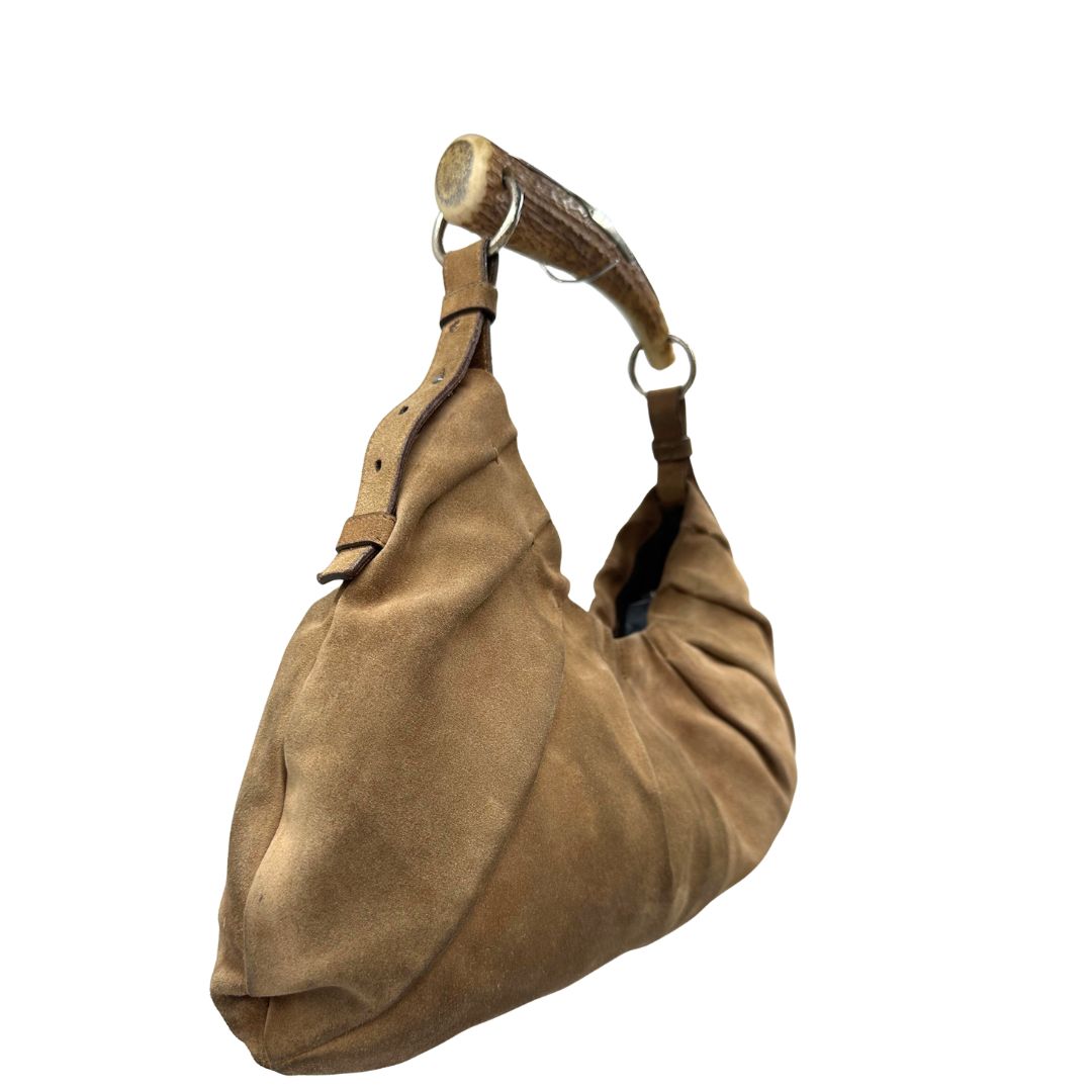 Borsa Saint Laurent modello Mombasa in pelle scamosciata color cammello, di lusso, originale, buone condizioni