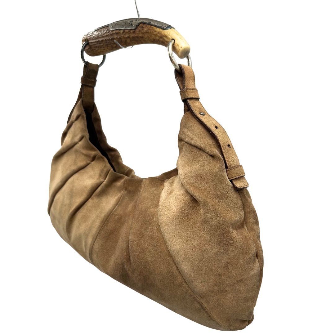 Borsa Saint Laurent modello Mombasa in pelle scamosciata color cammello, di lusso, originale, buone condizioni