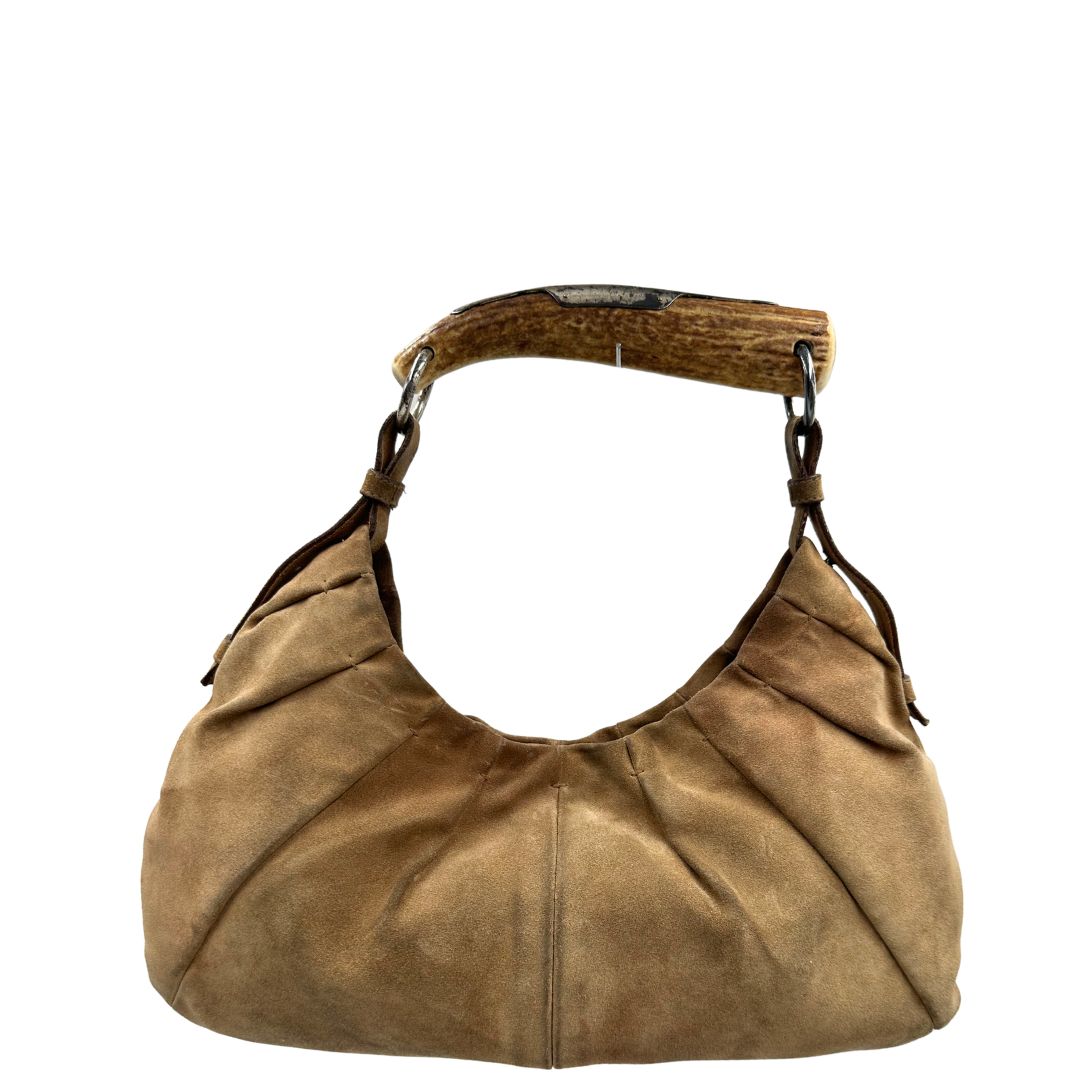 Borsa Saint Laurent modello Mombasa in pelle scamosciata color cammello, di lusso, originale, buone condizioni