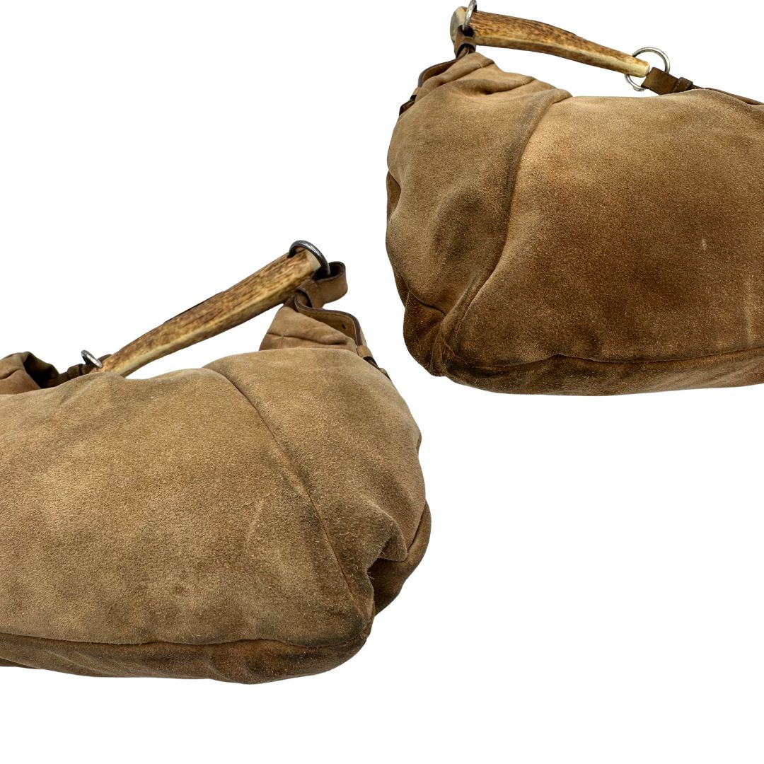 Borsa Saint Laurent modello Mombasa in pelle scamosciata color cammello, di lusso, originale, buone condizioni
