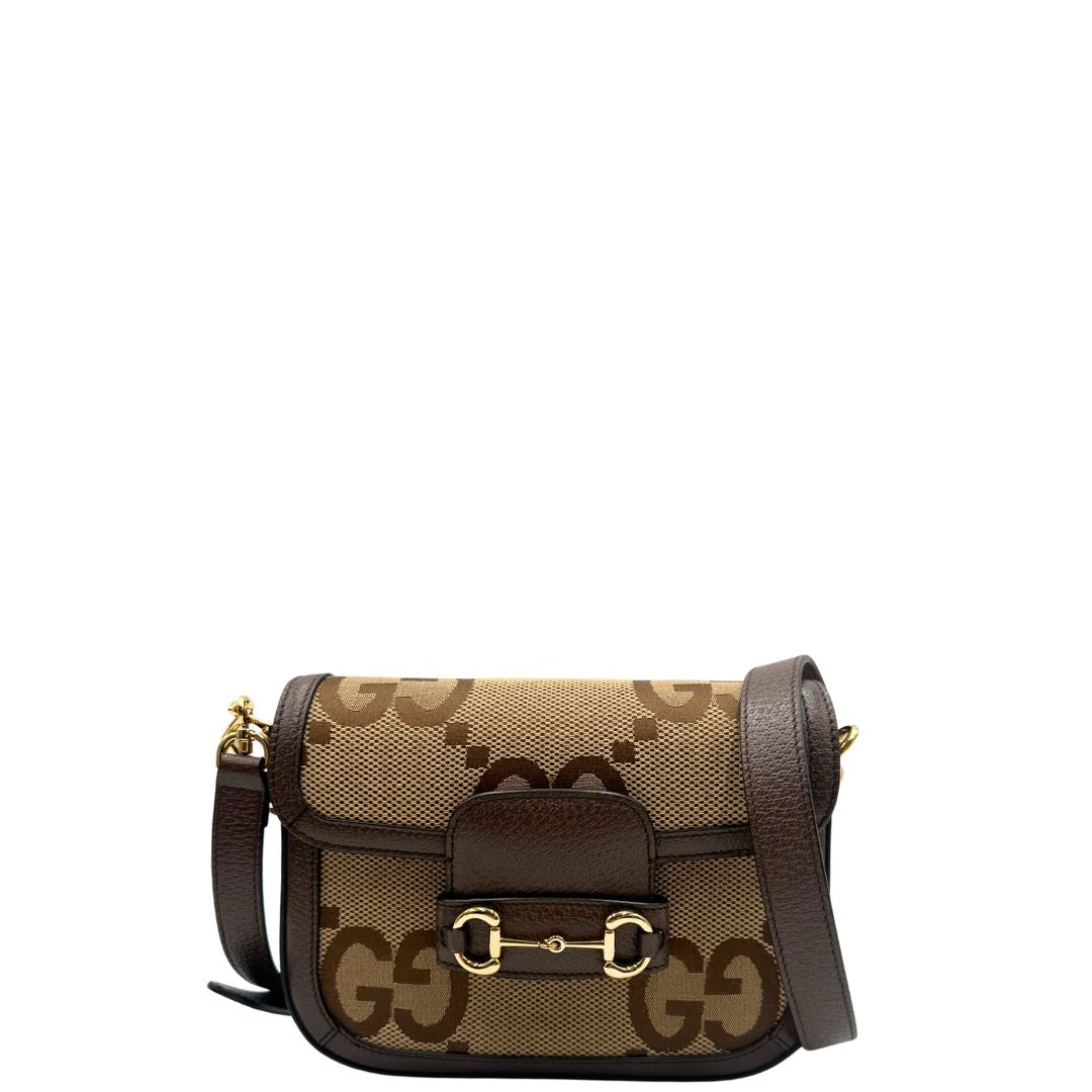 Borsa Gucci in tessuto beige con il monogramma in versione “Jumbo” e finiture in pelle marroni, munita di doppie tracolle, una in pelle amovibile e regolabile e una in tessuto Web verde e rosso amovibile e regolabile, di lusso, originale, eccellenti condizioni, usata