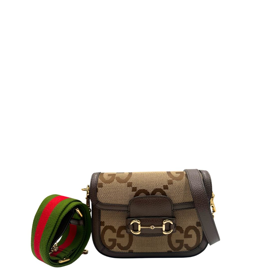 Borsa Gucci in tessuto beige con il monogramma in versione “Jumbo” e finiture in pelle marroni, munita di doppie tracolle, una in pelle amovibile e regolabile e una in tessuto Web verde e rosso amovibile e regolabile, di lusso, originale, eccellenti condizioni, usata