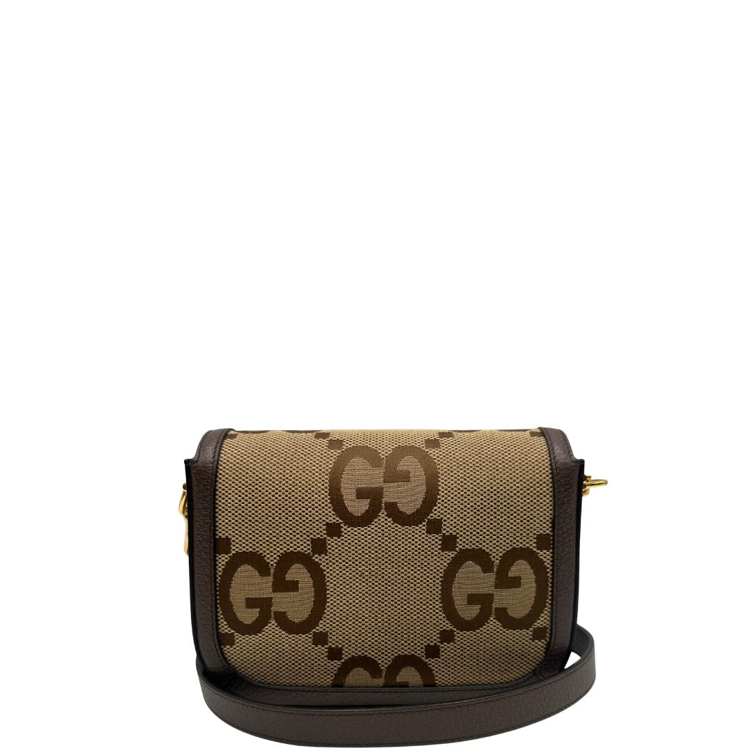 Borsa Gucci in tessuto beige con il monogramma in versione “Jumbo” e finiture in pelle marroni, munita di doppie tracolle, una in pelle amovibile e regolabile e una in tessuto Web verde e rosso amovibile e regolabile, di lusso, originale, eccellenti condizioni, usata