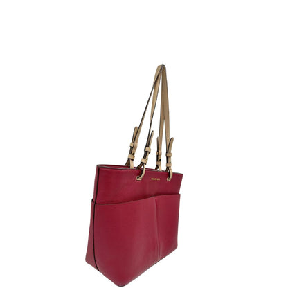 Borsa MK in pelle color magenta con hardware dorato, munita di doppi manici, da portare a spalla, di lusso, originale, ottime condizioni, usata