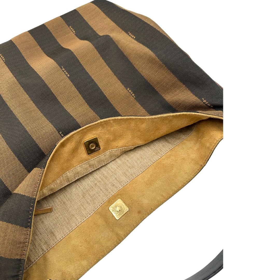Chiusura, Borsa a spalla Fendi in tessuto trama Pequin in marrone e beige, finiture in pelle nocciola e metalleria dorata. Indossabile a spalla. Originale, usata, di lusso, in ottime condizioni.