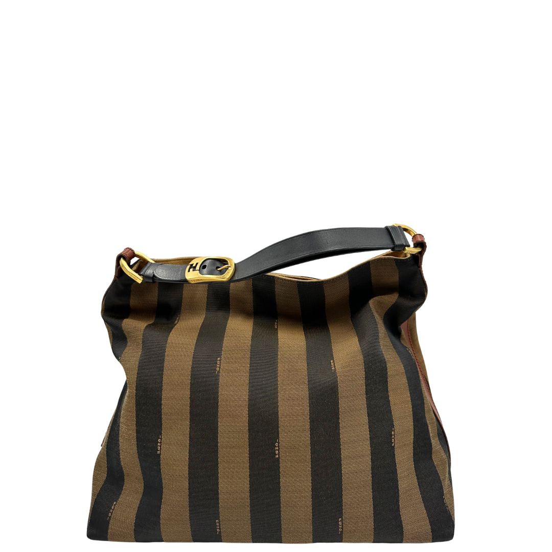 Front, Borsa a spalla Fendi in tessuto trama Pequin in marrone e beige, finiture in pelle nocciola e metalleria dorata. Indossabile a spalla. Originale, usata, di lusso, in ottime condizioni.