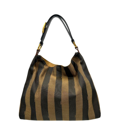 Front, Borsa a spalla Fendi in tessuto trama Pequin in marrone e beige, finiture in pelle nocciola e metalleria dorata. Indossabile a spalla. Originale, usata, di lusso, in ottime condizioni.