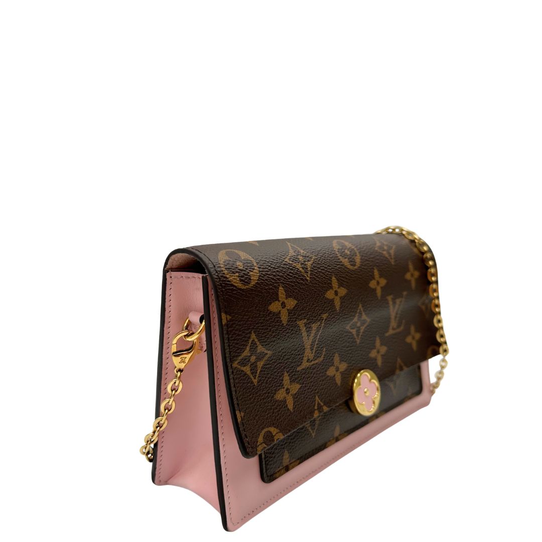 lato  Borsa LV in canvas monogrammato marrone e hardware dorato con finiture in pelle rosa, di lusso, originale, ottime condizioni, usata 