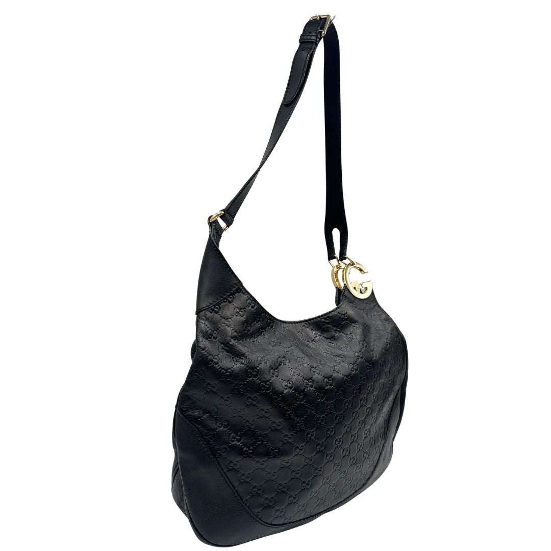  Borsa Gucci in pelle nera trama Guccissima, indossabile a spalla o a tracolla, di lusso, originale, ottime condizioni, usata