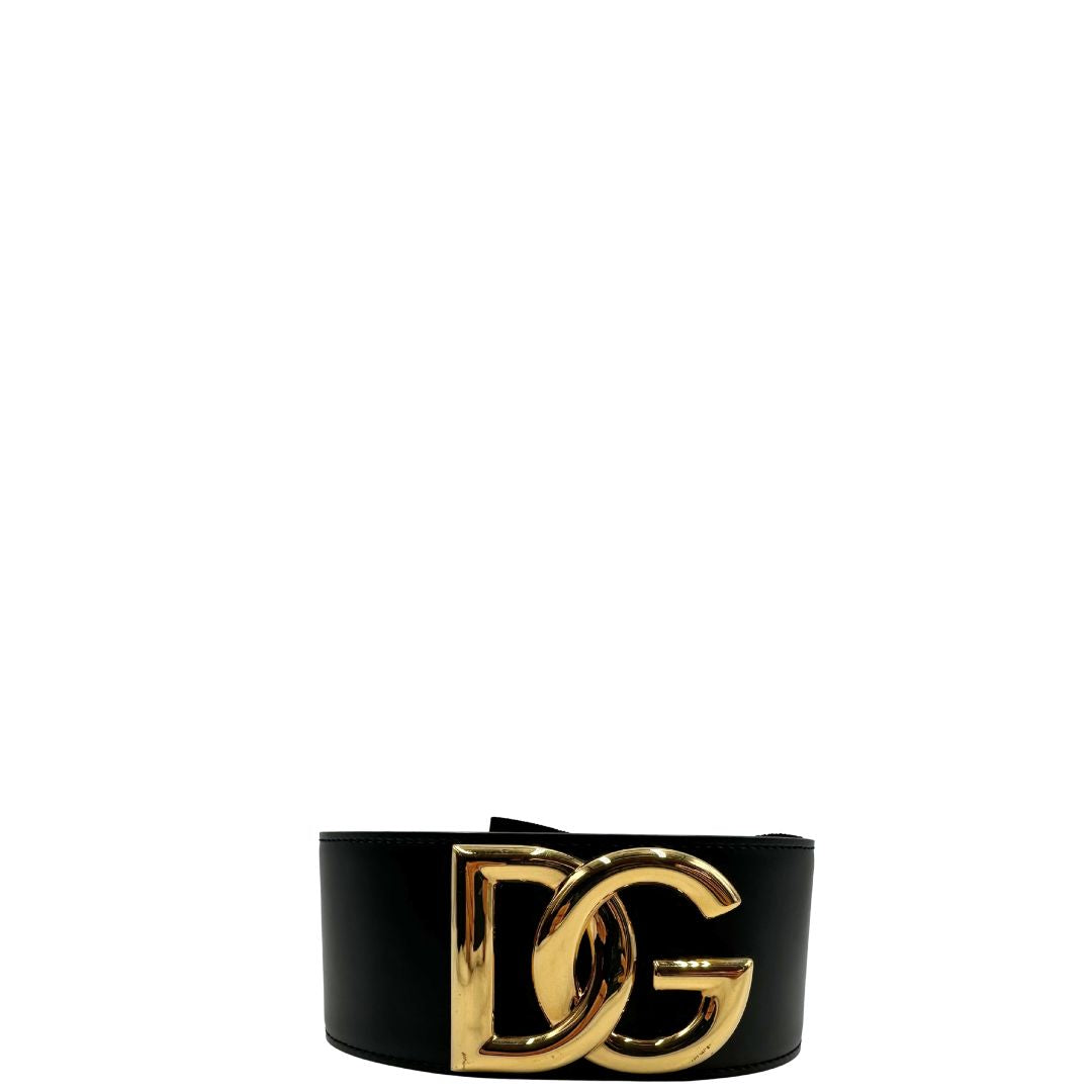 Cintura D&G in pelle nera e tessuto elasticizzato con hardware dorato, di lusso, originale, ottime condizioni