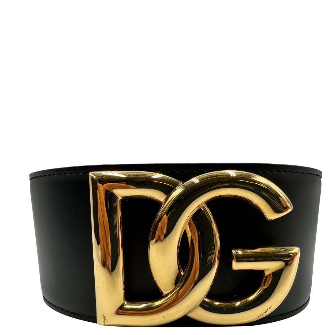 Cintura D&G in pelle nera e tessuto elasticizzato con hardware dorato, di lusso, originale, ottime condizioni