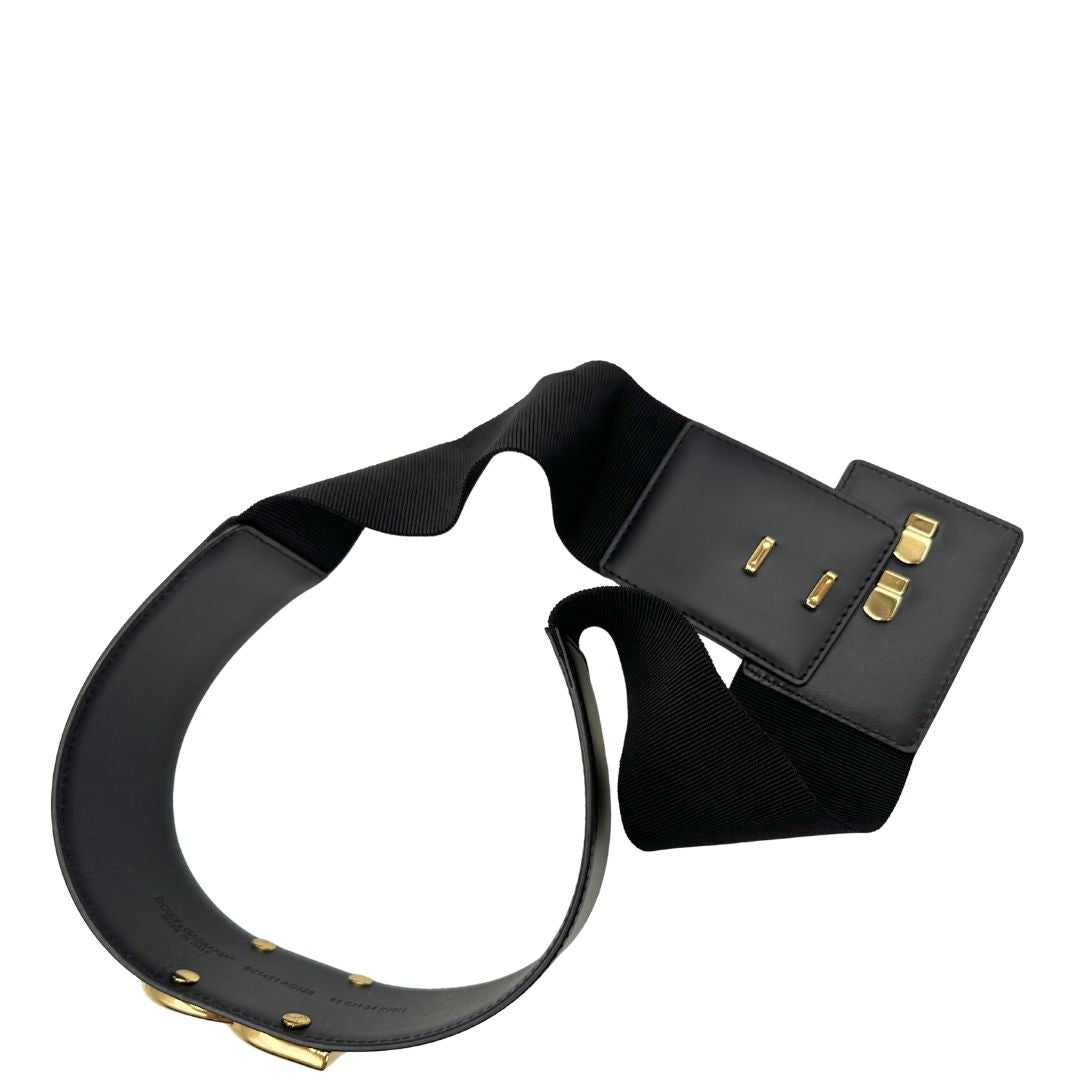 Cintura D&G in pelle nera e tessuto elasticizzato con hardware dorato, di lusso, originale, ottime condizioni