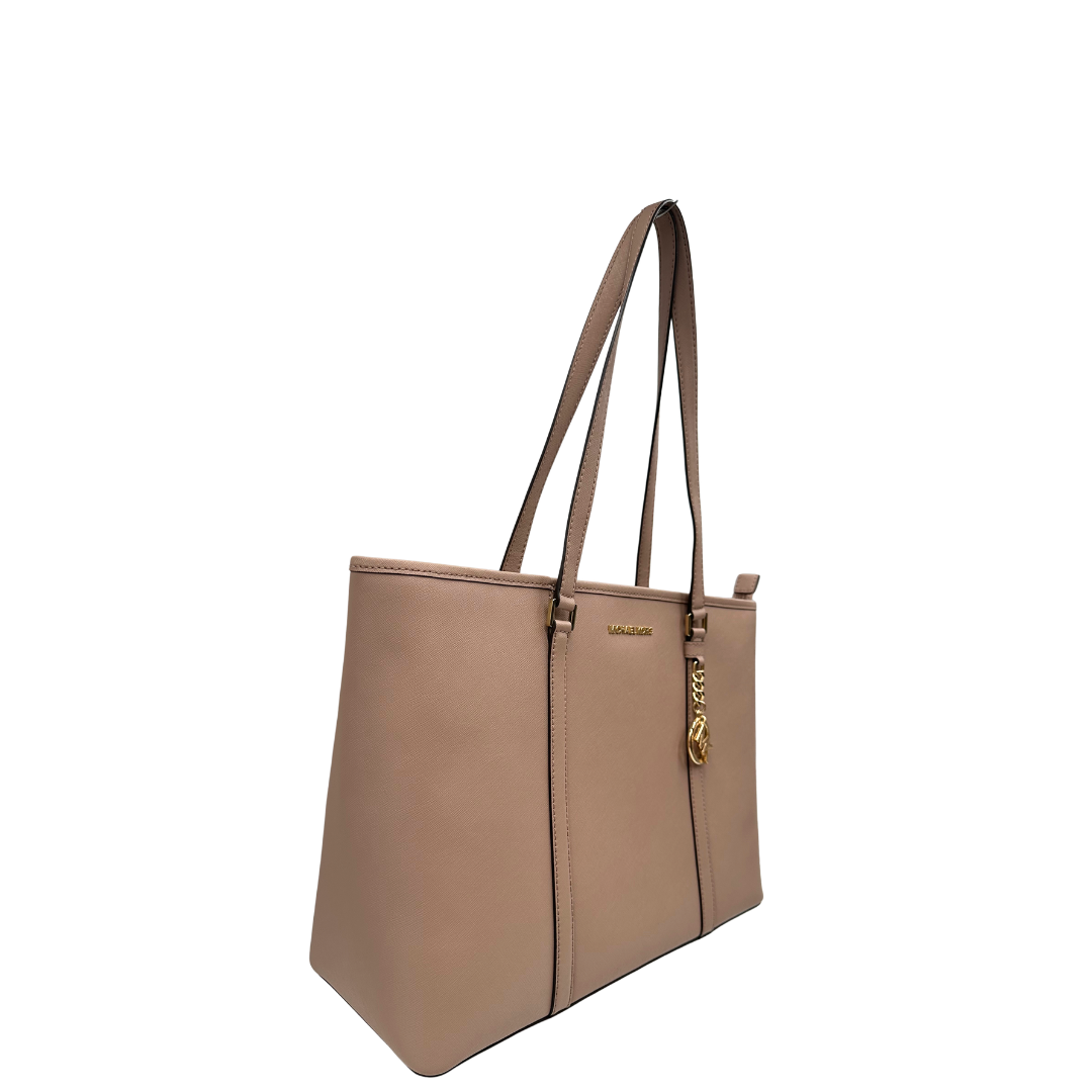 lato Borsa MK in pelle saffiano rosa e hardware dorato; indossabile a spalla, di lusso, originale, ottime condizioni, usata