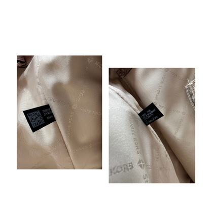 interno Borsa MK in pelle saffiano rosa e hardware dorato; indossabile a spalla, di lusso, originale, ottime condizioni, usata