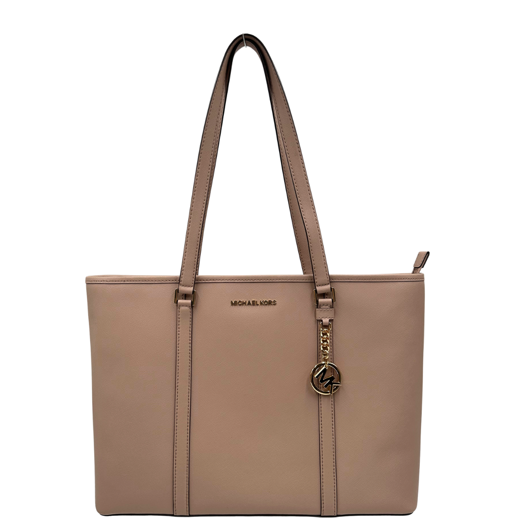 front Borsa MK in pelle saffiano rosa e hardware dorato; indossabile a spalla, di lusso, originale, ottime condizioni, usata 