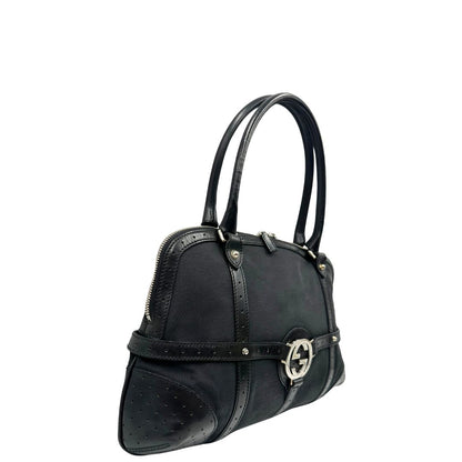  Borsa Gucci in tessuto nero con finiture in pelle traforata, indossabile a spalla, di lusso, originale, ottime condizioni