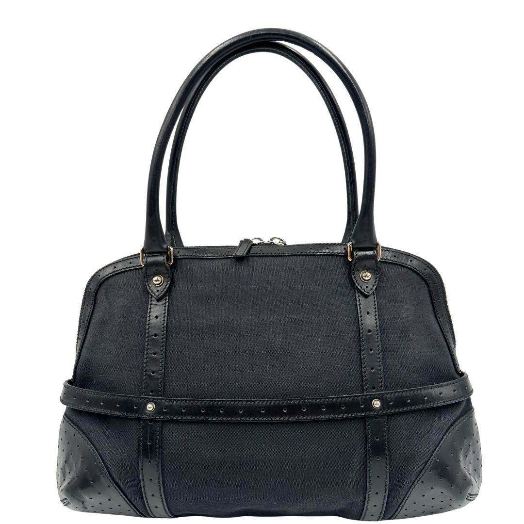 retro  Borsa Gucci in tessuto nero con finiture in pelle traforata, indossabile a spalla, di lusso, originale, ottime condizioni 