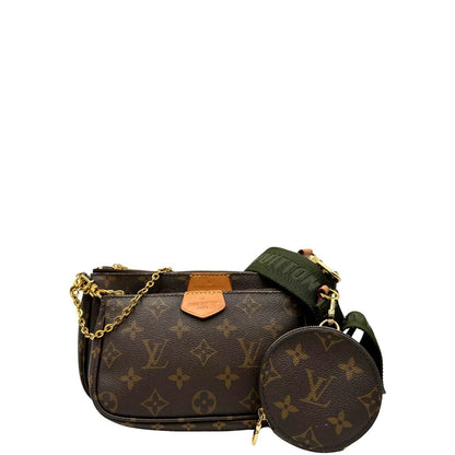 Multi Pochette Accessoires Louis Vuitton in canvas marrone monogram con dettagli in vacchetta naturale, manico in catena dorata e tracolla in tessuto Jacquard verde kaki, di lusso, originale, ottime condizioni, usata
