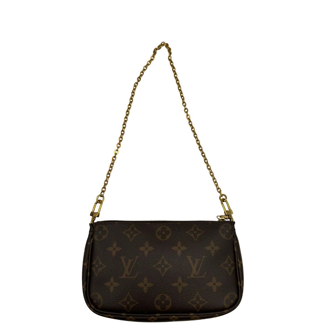 Multi Pochette Accessoires Louis Vuitton in canvas marrone monogram con dettagli in vacchetta naturale, manico in catena dorata e tracolla in tessuto Jacquard verde kaki, di lusso, originale, ottime condizioni, usata