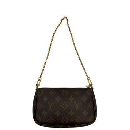 Multi Pochette Accessoires Louis Vuitton in canvas marrone monogram con dettagli in vacchetta naturale, manico in catena dorata e tracolla in tessuto Jacquard verde kaki, di lusso, originale, ottime condizioni, usata