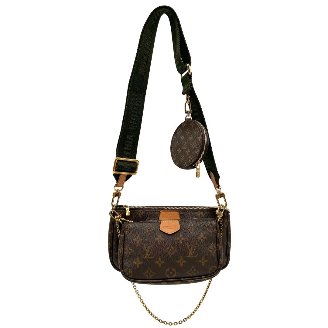 Multi Pochette Accessoires Louis Vuitton in canvas marrone monogram con dettagli in vacchetta naturale, manico in catena dorata e tracolla in tessuto Jacquard verde kaki, di lusso, originale, ottime condizioni, usata
