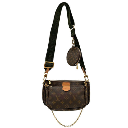Multi Pochette Accessoires Louis Vuitton in canvas marrone monogram con dettagli in vacchetta naturale, manico in catena dorata e tracolla in tessuto Jacquard verde kaki, di lusso, originale, ottime condizioni, usata