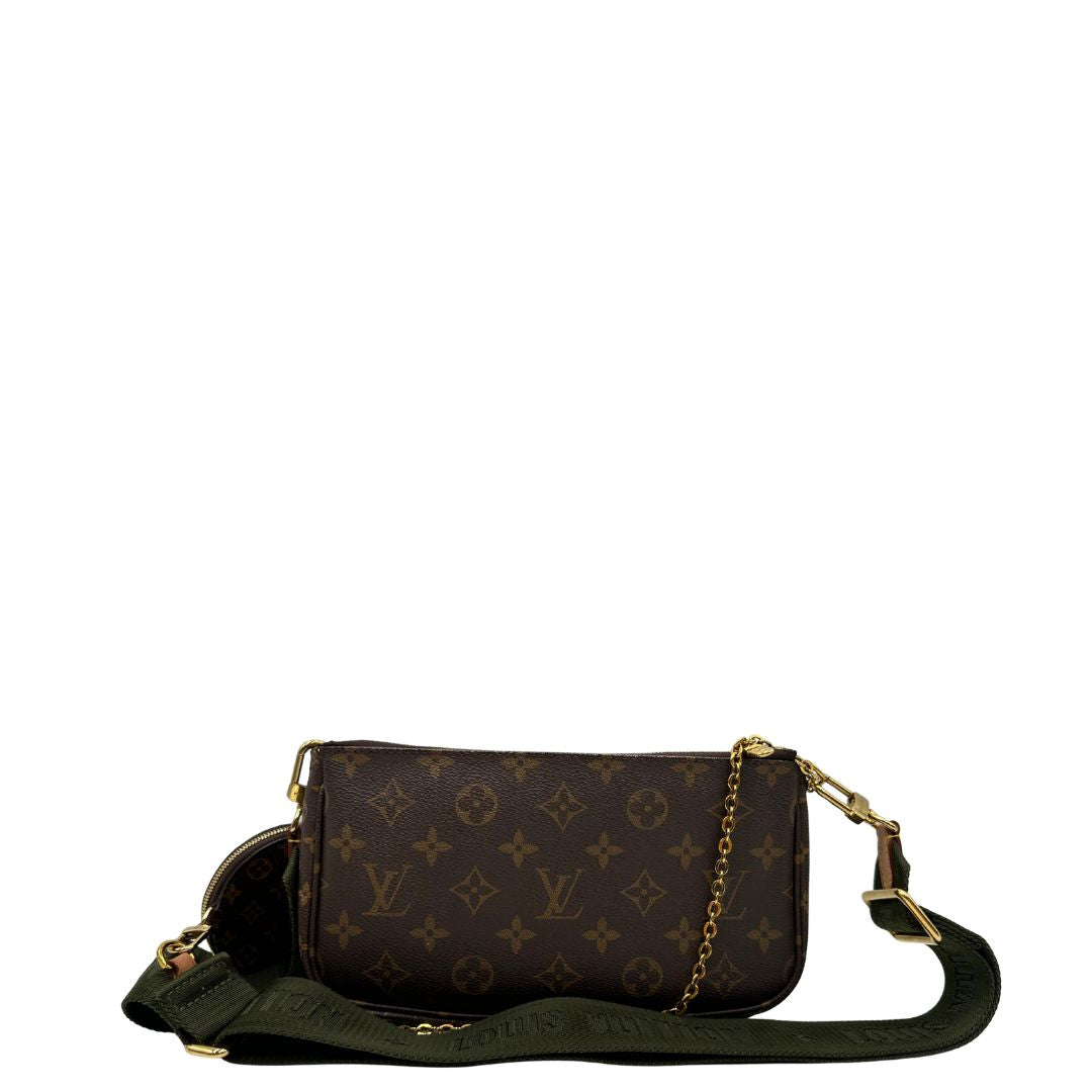 Multi Pochette Accessoires Louis Vuitton in canvas marrone monogram con dettagli in vacchetta naturale, manico in catena dorata e tracolla in tessuto Jacquard verde kaki, di lusso, originale, ottime condizioni, usata