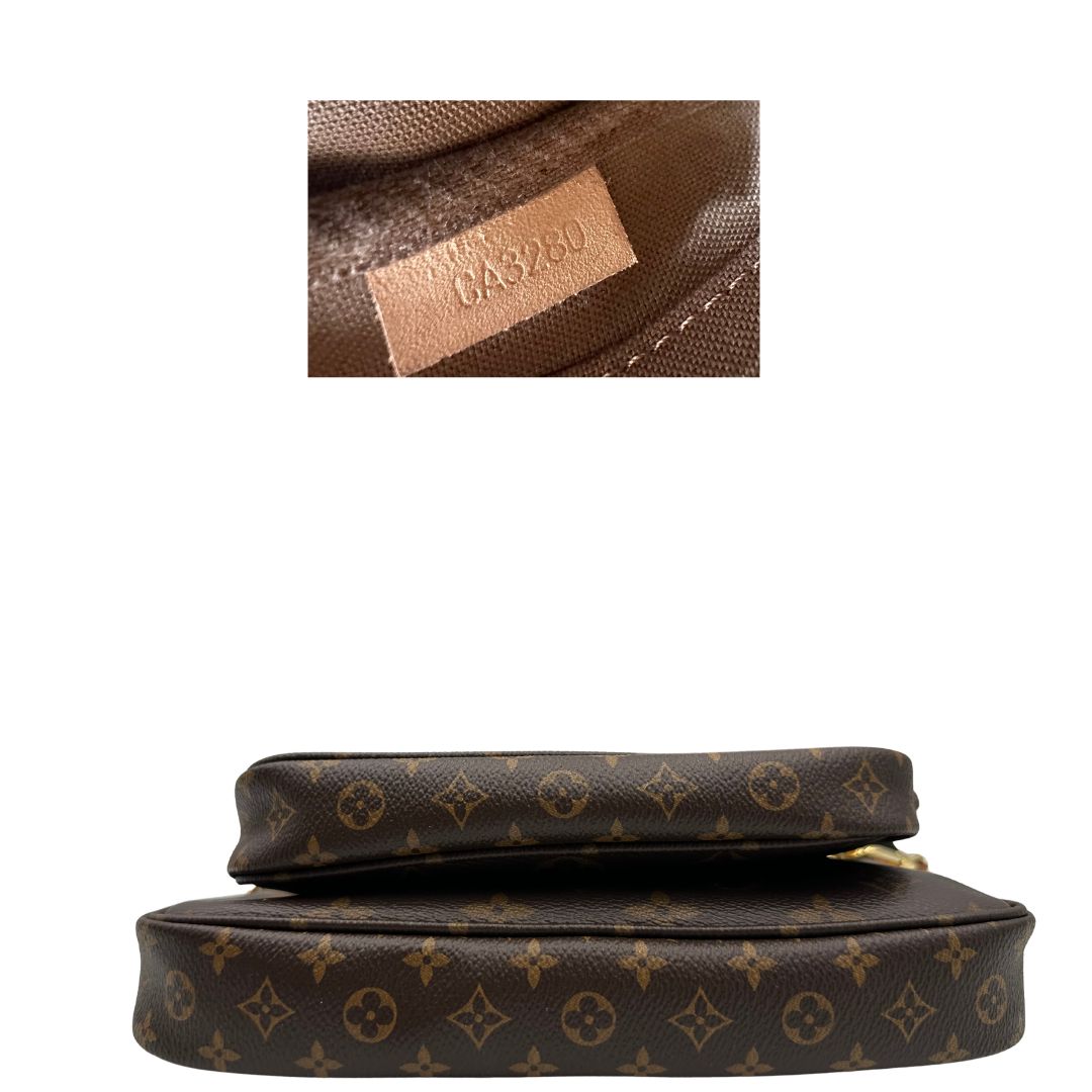 Multi Pochette Accessoires Louis Vuitton in canvas marrone monogram con dettagli in vacchetta naturale, manico in catena dorata e tracolla in tessuto Jacquard verde kaki, di lusso, originale, ottime condizioni, usata