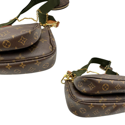 Multi Pochette Accessoires Louis Vuitton in canvas marrone monogram con dettagli in vacchetta naturale, manico in catena dorata e tracolla in tessuto Jacquard verde kaki, di lusso, originale, ottime condizioni, usata