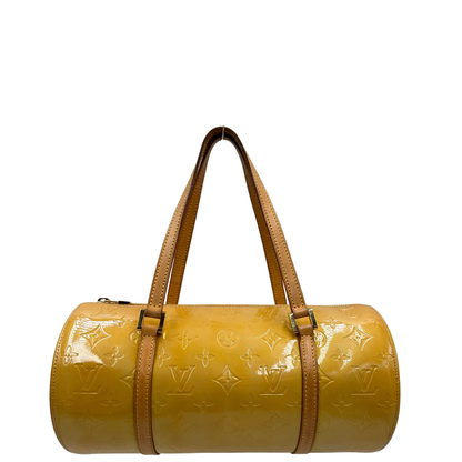 front  Borsa Louis Vuitton in pelle vernis gialla monogram, munita di doppi manici, indossabile a spalla, di lusso, originale, buone condizioni. 