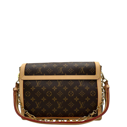 Retro, Borsa Louis Vuitton Dauphine Soft in canvas marrone monogram con finiture in vacchetta naturale e parti metalliche dorate. Originale, usata, di lusso, in ottime condizioni.