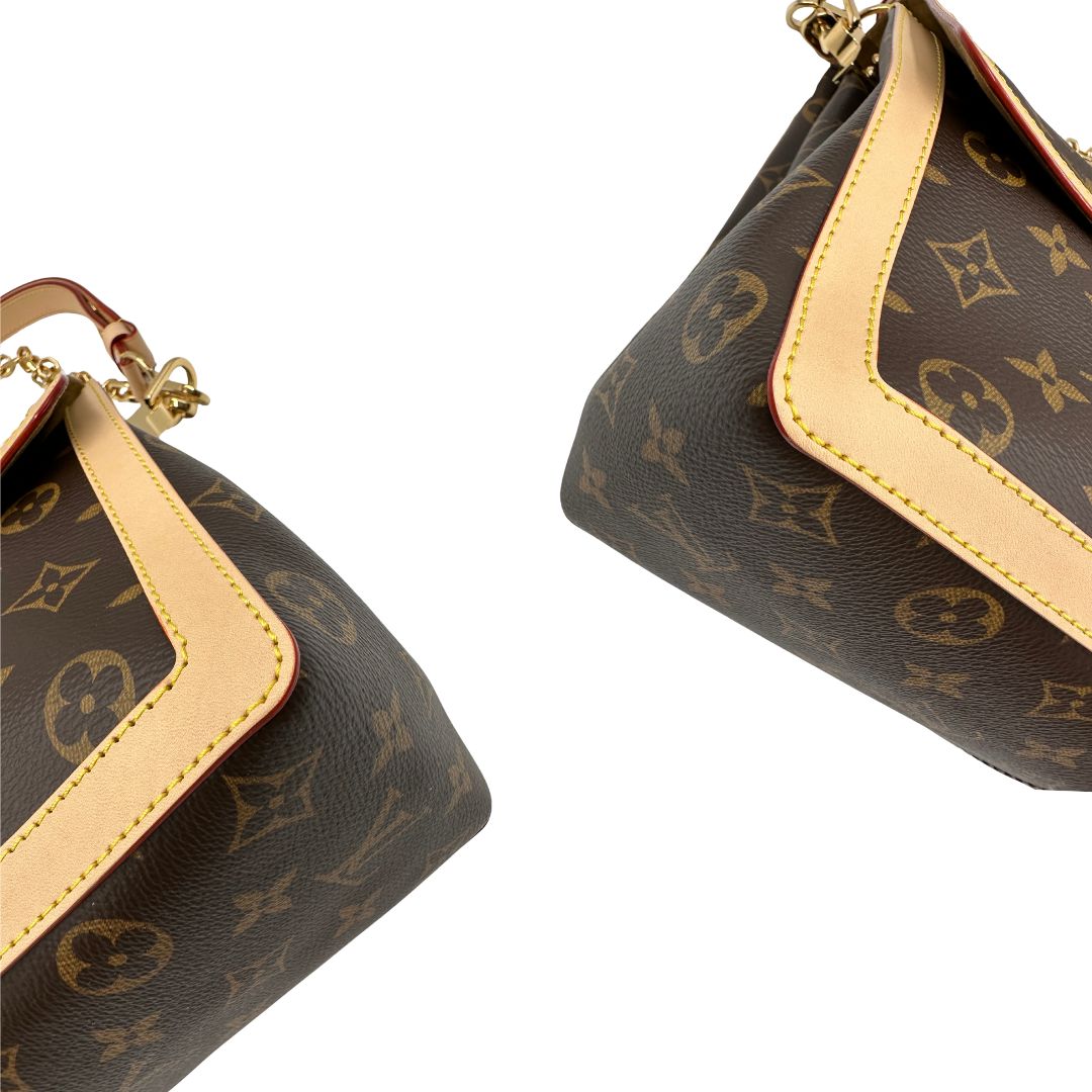 Angoli, Borsa Louis Vuitton Dauphine Soft in canvas marrone monogram con finiture in vacchetta naturale e parti metalliche dorate. Originale, usata, di lusso, in ottime condizioni.