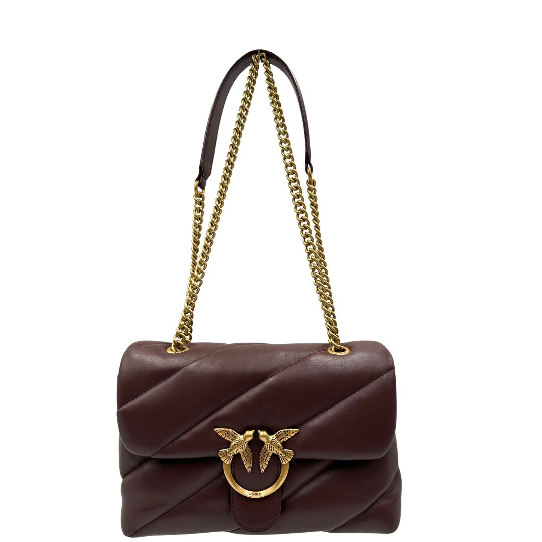 front Borsa Pinko nella versione media in morbida nappa bordeaux trapuntata e hardware dorato, indossabile a tracolla o a spalla, di lusso, originale, ottime condizioni, usata 